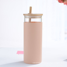 BPA Free 500ml water bottle glass 17oz glass tumbler with Silicone Protective Sleeve Bamboo Lid glass water bottle with silicone